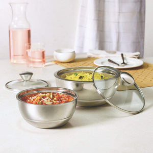 Borosil Stainless Steel Insulated Curry Server, Set of 2 (500ml + 900ml) Silver - KOCHEN ESSENTIAL