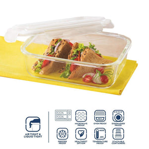 BOROSIL KLIP N STORE GLASS FOOD CONTAINER, 1.04 L RECTANGLE, FOR KITCHEN STORAGE WITH AIR TIGHT LID - MICROWAVE SAFE - KOCHEN ESSENTIAL
