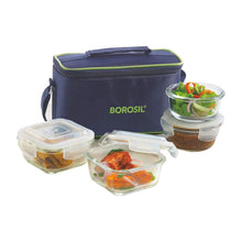 Load image into Gallery viewer, Borosil Glass Universal Lunch Box Set of 4, (2pcs 320 ml sq. + 2pcs 240 ml Round) Microwave Safe Office Tiffin - KOCHEN ESSENTIAL
