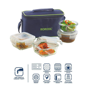 Borosil Glass Universal Lunch Box Set of 4, (2pcs 320 ml sq. + 2pcs 240 ml Round) Microwave Safe Office Tiffin - KOCHEN ESSENTIAL
