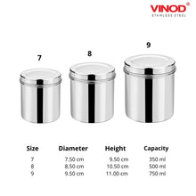 Load image into Gallery viewer, Vinod Stainless Steel Airtight Deep Dabba - 350 ml, 500 ml, &amp; 750 ml - set of 3 pieces - KOCHEN ESSENTIAL
