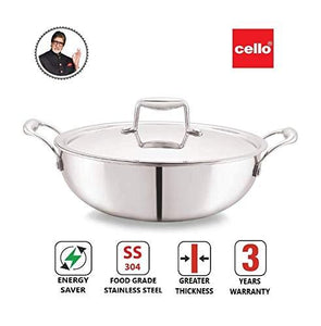 Cello TriPly Stainless Steel Kadhai with Lid (24 cm - 2.6 L) - KOCHEN ESSENTIAL