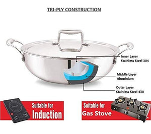 Cello TriPly Stainless Steel Kadhai with Lid (22 cm - 2.2 L) - KOCHEN ESSENTIAL