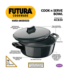 HAWKINS FUTURA HARD ANODISED COOK-N-SERVE BOWL, 3 LITRES, BLACK - KOCHEN ESSENTIAL