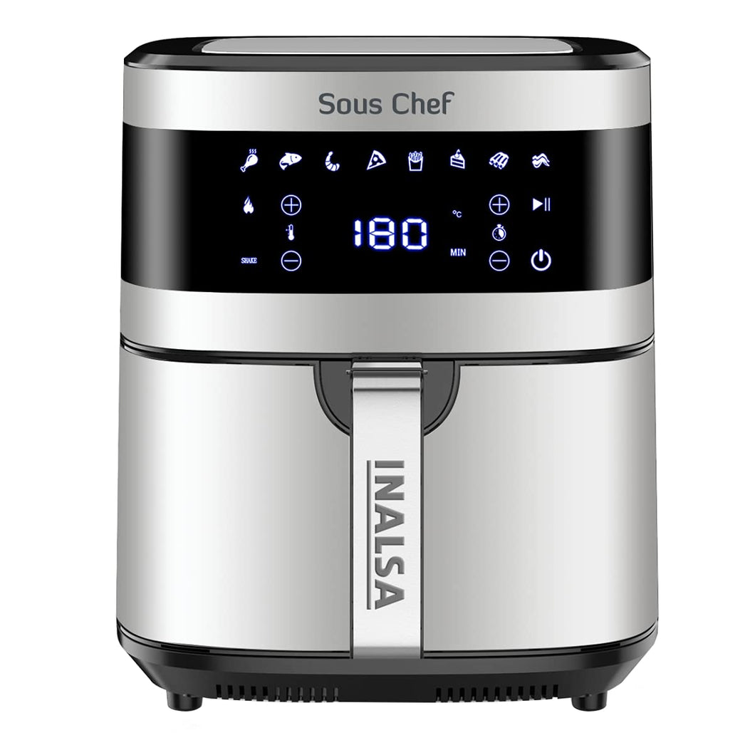 INALSA Air Fryer Digital 6.5 L Sous Chef-1650 Watt with 8 Preset Programs, Variable Temperature Control & Auto Shake Reminder|Free Recipe book|2 Year Warranty(Black/Silver)