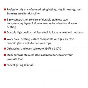 Cello TriPly Stainless Steel Kadhai with Lid (22 cm - 2.2 L) - KOCHEN ESSENTIAL