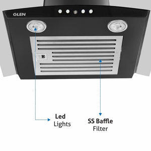 Glen 60cm 1000 m3/hr Curved Glass Wall Mounted Kitchen Chimney Push Buttons Baffle Filter (6071 EX Black) - KOCHEN ESSENTIAL