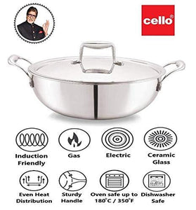 Cello TriPly Stainless Steel Kadhai with Lid (22 cm - 2.2 L) - KOCHEN ESSENTIAL