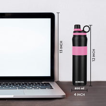 Load image into Gallery viewer, Borosil Hydra Thirst Burst Fuchsia Water Bottle, Stainless Steel Water Bottles, Vacuum Insulated Flask Bottles, 800 ml, Black &amp; Pink
