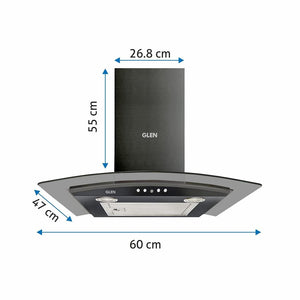 Glen 60cm 1000 m3/hr Curved Glass Wall Mounted Kitchen Chimney Push Buttons Baffle Filter (6071 EX Black) - KOCHEN ESSENTIAL