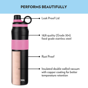 Borosil Hydra Thirst Burst Fuchsia Water Bottle, Stainless Steel Water Bottles, Vacuum Insulated Flask Bottles, 800 ml, Black & Pink