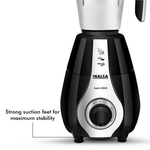 INALSA Mixer Grinder 1000 Watt, 3 Jar- Aarin with Powerful Copper Motor| Decorative Chrome Finish on Front | Includes Extra Pounding/Mincing & Whisker Blades| 5 Year Warranty on Motor, (Black) - KOCHEN ESSENTIAL