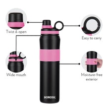 Load image into Gallery viewer, Borosil Hydra Thirst Burst Fuchsia Water Bottle, Stainless Steel Water Bottles, Vacuum Insulated Flask Bottles, 800 ml, Black &amp; Pink
