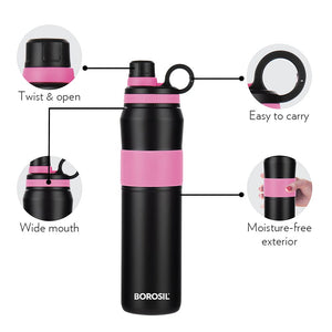 Borosil Hydra Thirst Burst Fuchsia Water Bottle, Stainless Steel Water Bottles, Vacuum Insulated Flask Bottles, 800 ml, Black & Pink