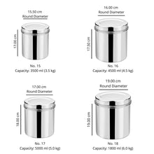 Load image into Gallery viewer, Vinod Stainless Steel Airtight Deep Dabba - 3.50 Kg, 4.50 Kg, 5.00 Kg &amp; 6.00 Kg - set of 4 pieces - KOCHEN ESSENTIAL
