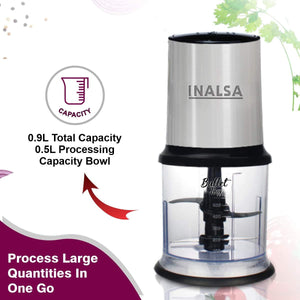 Inalsa Chopper Bullet 400W with Variable Speed and Pure Copper Motor, Dual Layered Blade, 500ml Capacity (Black/Silver) - KOCHEN ESSENTIAL