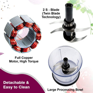 Inalsa Chopper Bullet 400W with Variable Speed and Pure Copper Motor, Dual Layered Blade, 500ml Capacity (Black/Silver) - KOCHEN ESSENTIAL