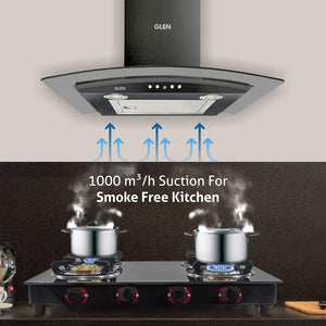 Glen 60cm 1000 m3/hr Curved Glass Wall Mounted Kitchen Chimney Push Buttons Baffle Filter (6071 EX Black) - KOCHEN ESSENTIAL