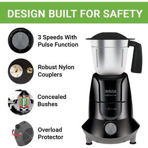 INALSA Mixer Grinder 750Watt- MaxxBlend 750 with 3 Stainless Steel Jars (For Dry Grinding, Wet Grinding, Chutneys, (Black/ Grey) - KOCHEN ESSENTIAL
