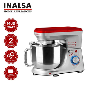 INALSA Stand Mixer Professional Esperto-1400W | 100% Pure Copper Motor| 6L SS Bowl| Includes Whisking Cone, Mixing Beater & Dough Hook (Silver/Red)