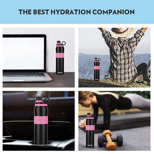 Borosil Hydra Thirst Burst Fuchsia Water Bottle, Stainless Steel Water Bottles, Vacuum Insulated Flask Bottles, 800 ml, Black & Pink