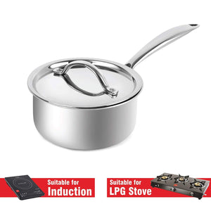 Cello Induction Base Tri-Ply Sauce Pan with Stainless Steel Lid, 1.6 Litre, 16cm - KOCHEN ESSENTIAL