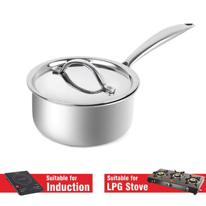 Cello Induction Base Tri-Ply Sauce Pan with Stainless Steel Lid, 1.1 Litre, 14cm - KOCHEN ESSENTIAL