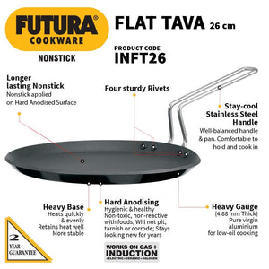 Hawkins Futura Nonstick Induction Compatible Flat Tava (Diameter 26 cm, Thickness 4.88 mm, Black), INFT26 - KOCHEN ESSENTIAL