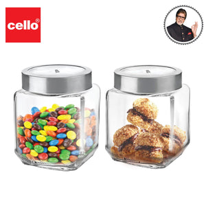 Cello Qube Toughened Glass Jars 580 Ml, Set of 2, Clear