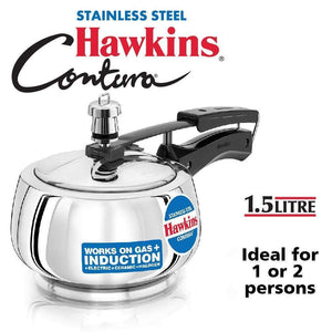 HAWKINS STAINLESS STEEL PRESSURE COOKER, 1.5 LITRES, CONTURA, SSC15 - KOCHEN ESSENTIAL