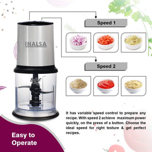 Inalsa Chopper Bullet 400W with Variable Speed and Pure Copper Motor, Dual Layered Blade, 500ml Capacity (Black/Silver) - KOCHEN ESSENTIAL