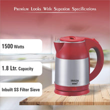 Load image into Gallery viewer, INALSA Electric Kettle WOW-1500W with 360° Cordless Base, Boil Dry Protection &amp; Auto-Shut Off| Dual Finish Body &amp; Concealed Heating Element| In-Built Filter Sieve, Hinged Lid &amp; 1.8L, (Grey/Red)
