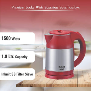INALSA Electric Kettle WOW-1500W with 360° Cordless Base, Boil Dry Protection & Auto-Shut Off| Dual Finish Body & Concealed Heating Element| In-Built Filter Sieve, Hinged Lid & 1.8L, (Grey/Red)