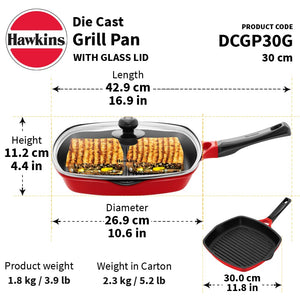 Hawkins 30 cm Grill Pan, Non Stick Die Cast Grilling Pan with Glass Lid, Square Grill Pan for Gas Stove, Ceramic Coated Pan, Roast Pan (DCGP30G)
