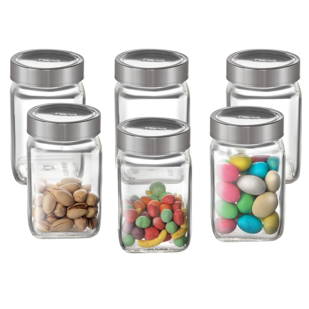 Cello Qube Fresh Glass Storage Jar, Air Tight, See-Through Lid, Clear, Set of 6 (300 ml Each)