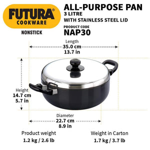 HAWKINS FUTURA NONSTICK ALL PURPOSE FRYING PAN WITH STAINLESS STEEL LID, 3 LITRES, Q78 - KOCHEN ESSENTIAL