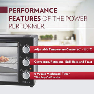 BOROSIL PRO 42 LITRE OTG, WITH MOTORISED ROTISSERIE AND CONVECTION, 2000 W, BLACK - KOCHEN ESSENTIAL