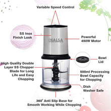 Load image into Gallery viewer, Inalsa Chopper Bullet 400W with Variable Speed and Pure Copper Motor, Dual Layered Blade, 500ml Capacity (Black/Silver) - KOCHEN ESSENTIAL
