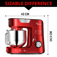 Load image into Gallery viewer, INALSA Stand Mixer Professional Mix Master- Heavy Duty 1200 Watt Pure Copper Motor| 5.5L SS Bowl| Metal Gears for Extra Stability| Includes Whisking Cone, Mixing Beater &amp; Dough Hook, (Red)
