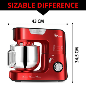INALSA Stand Mixer Professional Mix Master- Heavy Duty 1200 Watt Pure Copper Motor| 5.5L SS Bowl| Metal Gears for Extra Stability| Includes Whisking Cone, Mixing Beater & Dough Hook, (Red)