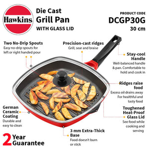 Hawkins 30 cm Grill Pan, Non Stick Die Cast Grilling Pan with Glass Lid, Square Grill Pan for Gas Stove, Ceramic Coated Pan, Roast Pan (DCGP30G)