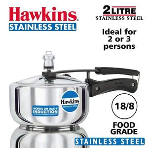 HAWKINS STAINLESS STEEL PRESSURE COOKER, 2 LITRES, INDUCTION COOKER, HSS20 - KOCHEN ESSENTIAL