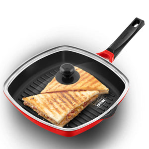 Hawkins 30 cm Grill Pan, Non Stick Die Cast Grilling Pan with Glass Lid, Square Grill Pan for Gas Stove, Ceramic Coated Pan, Roast Pan (DCGP30G)