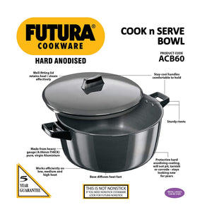 HAWKINS FUTURA HARD ANODISED COOK-N-SERVE BOWL, 6 LITRES, BLACK - KOCHEN ESSENTIAL