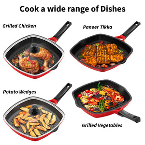 Hawkins 30 cm Grill Pan, Non Stick Die Cast Grilling Pan with Glass Lid, Square Grill Pan for Gas Stove, Ceramic Coated Pan, Roast Pan (DCGP30G)
