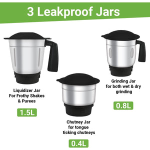 INALSA Mixer Grinder 750Watt- MaxxBlend 750 with 3 Stainless Steel Jars (For Dry Grinding, Wet Grinding, Chutneys, (Black/ Grey) - KOCHEN ESSENTIAL