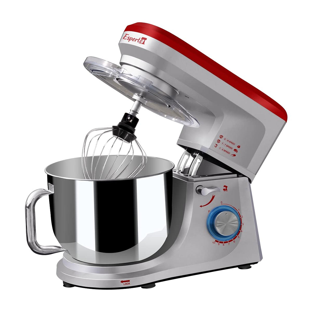 INALSA Stand Mixer Professional Esperto-1400W | 100% Pure Copper Motor| 6L SS Bowl| Includes Whisking Cone, Mixing Beater & Dough Hook (Silver/Red)