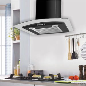 Glen 60cm 1000 m3/hr Curved Glass Wall Mounted Kitchen Chimney Push Buttons Baffle Filter (6071 EX Black) - KOCHEN ESSENTIAL
