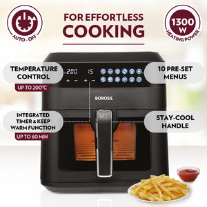 Borosil Best Digi Air Fryer, Air Fryer for Home, Digital Display, 8 i 1 Functionality, 10 Pre-set Menus, 4.7 L Capacity