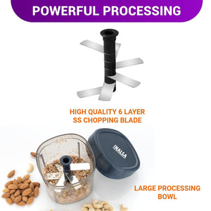 Inalsa Manual Chopper Chop It XL - High Quality Six Layer SS Chopping Blade | Coarse, Medium, Fine for All Types of Chopping | 900 ml Capacity | Anti Skid Base (Navy Blue) - KOCHEN ESSENTIAL